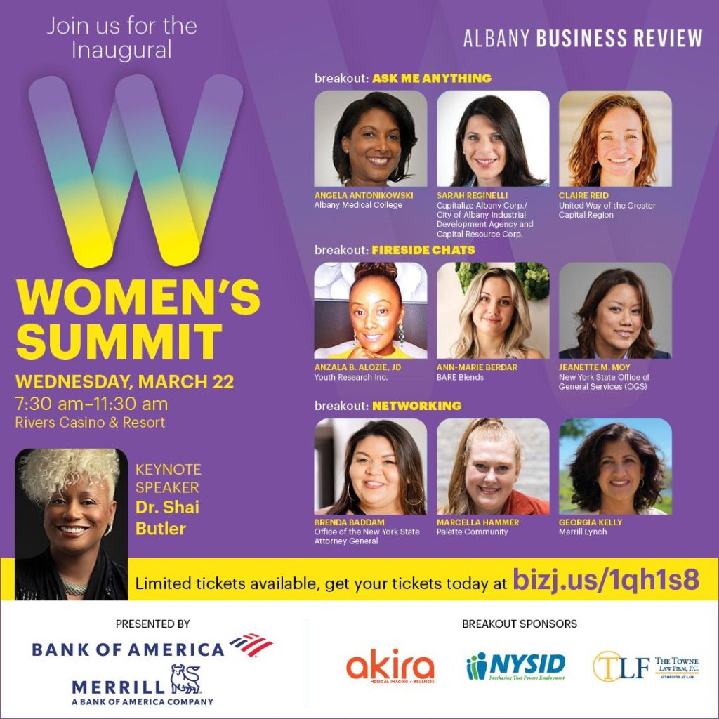 Albany Business Review's Women's Summit Promotional Graphic date Wednesday March 22nd, time 7:30 am- 11:30 am, and place River's Casino & Resort.